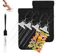 3 Way Stainless Steel BBQ Skewers, Reusable 3-Prong BBQ Skewers Kit with Smooth Push Bar Slider, BBQ Forks Multi for Kebabs, Chicken Sausages, Meat and Veggies, Outdoor BBQ Gadgets (4Pcs)