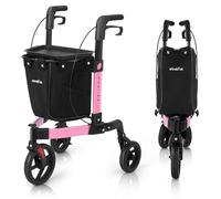 3 Wheel Rollator Walker, Walkers for Seniors, Rollator Walker Lightweight Foldable, with Tray and Large Storage Bag, 10 Inch Tri-Wheel Modern Mobility Walking Aid Aluminum, Pink