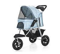 3 Wheels Dog Pram Stroller, Pet Gear Pet Stroller for Cats/Dogs Pushchair Carrier, One-Click Folding, Large Wheels, Lightweight Dog Pram with Water Cup Holder, Loading 25 Kg(Blue)