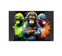3 Wise Monkey Canvas Wall Art Animal Picture-Abstract Animal Posters & Prints-Street Art Graffiti Painting Print on Canvas-Modern Animal Artwork For Bathroom Decor90x135cm 35"x53"Canvas Only
