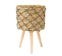 3 Wooden Legs Woven Flowerpot Stand - Natural Planter Holder | Eco-friendly Straw Pot for Indoor Plants, Rustic Decorative Basket, Handmade Wicker Plant Stand, Modern Home Decor for Display