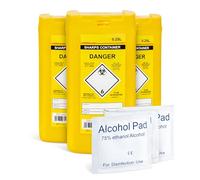 3 x 0.25L Sharps Disposal Bins with 30 Alcohol Wipes - Compact & Secure Sharps Containers for Safe Disposal at Home, Work, Travel or Salon - Ideal for First Aid, Tattoo and Beauty Use