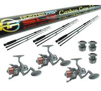 3 X 12ft Carbon Carp Rod & Bait Free Runner Reel Carp Combo Set. Hunter Pro SLR Range. Includes Spare Spool