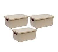 3 x 14L Litre Large Plastic Storage Box with Lid and Handle "Beige" Rectangle Rib Design Boxes Stackable Storage Baskets Cupboard Organiser Multifunctional Containers for Bathroom, Kitchen, Office