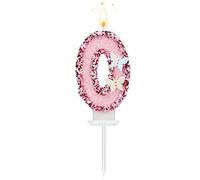 3 X 2 Inch Birthday Number Candles, Glitter Number Candles Pink Butterfly Birthday Candles Cake Topper with Sequins for Anniversary Celebrations Supplies (Number 0)