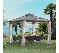 Outsunny 3 x 3 (m) Double Roof Hard Top Gazebo w/Nettings & Curtains, Khaki