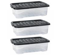 3 x 30 Litres Curve Plastic Stackable Storage Box & Lid with clip-on lids, 3 Pack, Multi storage box for home and office storage solution Clear Box, Black Lid, (17cm H x 40cm W x 60cm D)