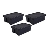 3 x 36L Black Recycled Plastic Heavy Duty Storage Box With Lid Containers Garden