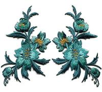 3 x 5.13 inches. Blue Green Teal Flowers Pair Floral Embroidered Appliques Iron-on Patches