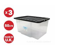 3 x 50 LITRE PLASTIC STORAGE BOX, QUALITY CONTAINER WITH BLACK LID