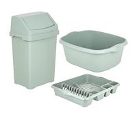 3 X 50L Swing Bin with Large Dish Drainer & Rectangular Washing Up Bowl Multi-Purpose Drying Rack & Waste Bin for Home Office Kitchen Plastic Storage & Cleaning Accessories (Silver Sage)