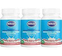 3 X 60 Tablets - Milkaid Lactase Enzyme Chewable Tablets for Lactose Intolerance Relief | Prevents Gas, Bloating & Diarrhoea | Fast Acting Dairy Digestive Supplement | Gluten Free & Vegan. (3 Packs)