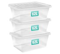 3 x 62 Litre Clear Plastic Storage Boxes With Lids Set of 3, Transparent Multipurpose Nestable Stackable Plastic Box With Lid Containers For Home, Kitchen, Garage, Office, Accessories