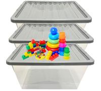 3 x 62L Stackable Clear Plastic Storage Boxes With Silver Lids Clear, Deep & Strong For Home, Garage & Office