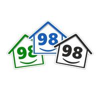 3 x Bin Numbers for Wheelie Bins, 1-99, 15cm ‘Happy House’ Colour Design Dustbin Stickers, Easy Application Stick On Number Stickers - Weatherproof Self Adhesive Vinyl - Blue, Black and Green (98)