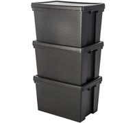 3 x Black Large Storage Boxes With Lids Heavy Duty Plastic Containers - 62 Litre