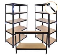 3 x Racking Bay Unit 5 Tier & Workbench Heavy Duty Steel Metal Black 280kg Capacity Per Shelf Garage Shelves Warehouse Shed Workshop Boltless Shelving 90 x 45 x 180cm FREE Rubber Mallet