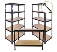 3 x Racking Bay Unit 5 Tier & Workbench Heavy Duty Steel Metal Black 280kg Capacity Per Shelf Garage Shelves Warehouse Shed Workshop Boltless Shelving 90 x 45 x 180cm FREE Rubber Mallet