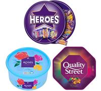 3 x Chocolate Tubs ASSORTED PACK 1 EACH Of Heroes, Roses and Quality Street Sharing Tub Perfect For Christmas