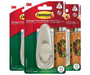 3 x Command Large Brushed Nickel Metal Wall Wreath Hook Damage Free 2.2KG Max