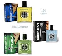 3 X Denim Mens Aftershave Lotion MIX ORIGINAL + BLACK with FREE T48H Post