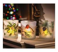 3 X Festive Glass Tealight Holders - Hand Painted Traditional Christmas Image Candleholder Votives With Flickering Led Candles
