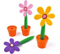 3 X Flower Shaped Pens With Pot Stands - Novelty Home Office Desktop Accessories In Pink, Yellow & Purple - 18 X 7.5 X 3.5Cm