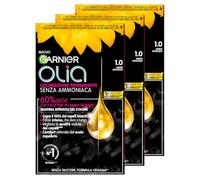 3 x Garnier Olia Midnight Permanent Hair Colouring Colour 1.0 Intense Black without Ammonia Delicate Fragrance - 3 Colours