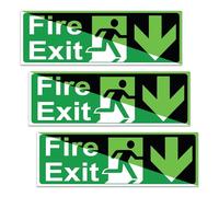 3 x Glow in Dark Fire Exit Down Sticker - 30 x 15 cm Fire Exit Signs Self Adhesive, Vinyl and Water Proof Fire Exit Glow in the Dark - EN ISO 7010:2012 Compliant