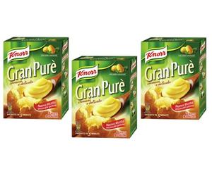 3 x Knorr Gran Purè Cremoso e Delicato prepared for gluten-free mashed potatoes, 225 g. Each pack contains 3 bags of 75 g potato puree