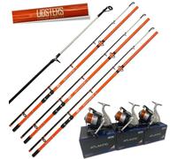 3 x LFS Beachcaster Sea Beach Fishing Rod 12ft 2pc + LFS Atlantic 70 Reel Orange