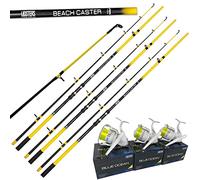 3 x LFS Beachcaster Sea Fishing Rod 12ft 2pc + 3 x Lidsters BLUE OCEAN 70 Reel Yellow