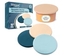 3 x Lids for UK Supermarket Dips | HAPPY LIDS | Food Safe Silicone | 10cm diameter pots | Houmous, Guacamole, Tzatziki, Sour Cream & more | Fridge & Dishwasher Safe