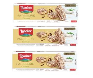 3 x Loacker Wafer Patisserie Coconut Waffles Filled with Coconut Cream, Covered with Milk Chocolate and Coconut Flakes 100 g