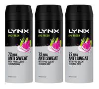 3 x Lynx 72hrs Anti Sweat Anti-Perspirant Body Spray 150ml - Epic Fresh