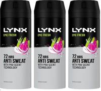 3 x Lynx 72hrs Anti Sweat Anti-Perspirant Body Spray 150ml - Epic Fresh