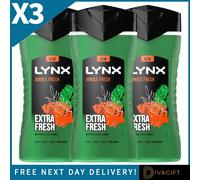 3 x LYNX JUNGLE FRESH 3IN1 BODY FACE & HAIR WASH SHOWER GEL EXTRA FRESH 225ML