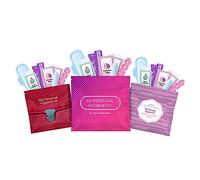 3 x Menstrual All-in-One Kits - Assorted Colors | Convenience on The Go | Single Period Kit Packs | Individually Wrapped Feminine Hygiene Products (Red Purse/Pink/Purple)