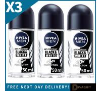 3 x NIVEA MEN ROLL ON DEODORANT INVISIBLE BLACK & WHITE ORIGINAL 50ML 48HR NEW