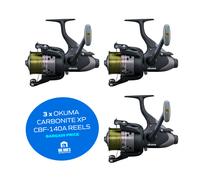 3 x Okuma Carbonite XP Baitfeeder CBF-140A Reel Freespool Baitrunner Reels Combo
