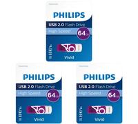 3 x PHILIPS 64 GB USB 2.0 Vivid Pen Flash Drive Memory Stick - High Speed