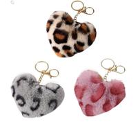 3 x Pom Pom Style Animal Leopard Print Fluffy Furry Keychains | 3 Styles Included - Classic - Grey - Pink | Soft Cute Colourful Keyring | Plush Faux Fur | Heart Shape | Can be attached to Keys or Bag
