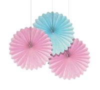 3 x Pretty Pastel Pink and Blue Mini 15cm Tissue Paper Fan Decorations Princess, Birthday, Baby Shower, Baptism, Wedding, Party Decoration (1 Pack of 3 Fans)