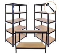 3 x Racking Bay Unit 5 Tier & Workbench Heavy Duty Steel Metal Black 280kg Capacity Per Shelf Garage Shelves Warehouse Shed Workshop Boltless Shelving 90 x 45 x 180cm FREE Rubber Mallet