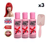 3 x Renbow Crazy Color Semi Permanent Hair Dye 100ml - Fire + Hair Brush