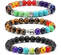 3 x Semi-Precious Tiger Eye Stones Bracelet 7 Chakra Reiki Energy Balance Bracelets Charms for Women and Men Gift