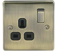 3 x Single Switched Power Socket with Black Inserts, Antique Brass, 13 Amp