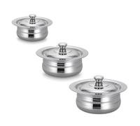 3 x Stainless Steel Dish Set with Lids 12cm, 13cm & 14.5cm | Multi Size Serving Bowls for Curry, Rice, Kheer, Dal & Desserts | Hotel, Restaurant & Home Kitchen Food Storage & Serving