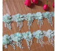 3 Yard 3D Chiffon Flower Pearl Beaded Lace Edge Trim Ribbon 3-1/2" Width Vintage Style 5 Colors Edging Trimmings Fabric Embroidered Applique Sewing Craft Wedding Bridal Dress Party DIY Decor (Green)