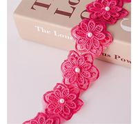 3 Yards 6cm Pearl Flower Beads Lace Edge Trim Ribbon Beads Edging Trimmings Dressmaking Edging Trimmings Fabric Flower DIY Lace Applique Sewing Craft for DIY Party Decor Clothes Embroidery (Rose Red)